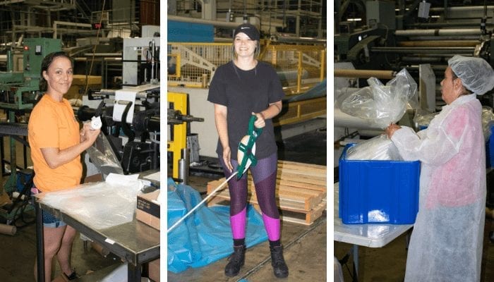 three female employees working at versa pak in the manufacturing industry